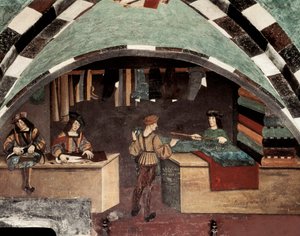Schneiderei. Ein Mann näht, ein anderer schneidet den Stoff und ein dritter verkauft den Stoff an einen Kunden. Fresko Schloss Issogne (15. Jahrhundert)