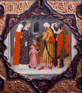 Zehnter Tag, neunte Geschichte: Der Tag von Messer Torello und Saladin. Bemalte Kiste, die das „Decameron“ von Giovanni Boccaccio illustriert