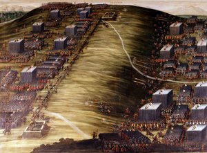 Die Schlacht am Weißen Berg (Dreißigjähriger Krieg) am 8. November 1620 zwischen den Tschechen und den habsburgischen Kaiserlichen Armeen. Ölgemälde. Rom, Sakristei der Kirche Santa Maria della Vittoria von Italian School