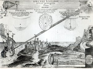 Der Brennspiegel des Archimedes, Illustration aus Ars Magna Lucis et Umbrae, von Athanasius Kircher (1601-80) Rom, 1646 von Italian School