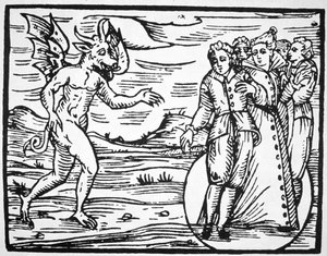 Die Beschwörung des Teufels, Kopie einer Illustration aus Compendium Maleticarum von Fr M Guaccius, Mailand 1608, verwendet in einer Geschichte der Magie, veröffentlicht Ende des 19. Jahrhunderts von Italian School