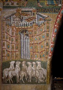 Das Tor von Jerusalem mit Lämmern, die die Apostel symbolisieren von Italian School