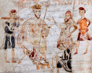 Der Langobardenkönig Rothari (oder Rotari) veröffentlichte am 22.11.643 sein Edikt in Pavia (Seite des Manuskripts „Codex Legum Longobardorum“) von Italian School