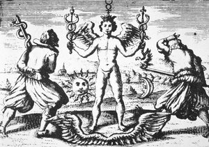 Der Merkur der Philosophen, aus Della Tramutatione Metallica von Giovanni Battista Nazari (1589) illustriert in einer Geschichte der Magie, veröffentlicht Ende des 19. Jahrhunderts von Italian School