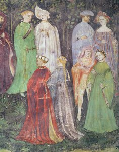 Der Monat Juni, Detail von Adligen und Frauen beim Spaziergang, ca. 1400