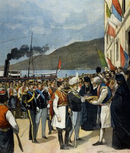 Der Prinz von Neapel - später Viktor Emanuel III. - erhält in Rijeka traditionell Brot und Salz von der Familie von Helene von Montenegro von Italian School