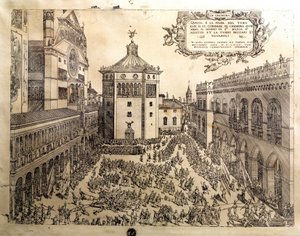 Das Stierfest auf dem großen Platz von Cremona in Italien. Gravur des 16. Jahrhunderts Cremona, Museo Civico Italien