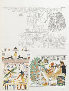 Der Verstorbene wird von der Sykomorenbaumgöttin und Anubis mit der Mumie mit Essen und Wein versorgt von Italian School
