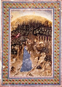 Der Dichter Dante befindet sich in einem dunklen Wald. Illustrierte Seite des ersten Gesangs der Hölle aus der „Divina Commedia“ (Göttliche Komödie) von Dante Alighieri (1265-1321). Manuskript Ms. Conv. Soppr. 204 von Italian School