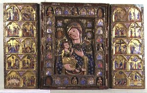 Triptychon der Madonna mit Kind mit Evangelisten, Propheten und Szenen aus dem Leben Christi von Italian School