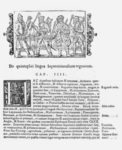 Vielfalt der Sprachen, Illustration aus Historia de Gentibus Septentrionalibus von Olaus Magnus (1490-1558), veröffentlicht in Rom, 1555
