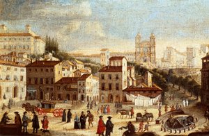 Blick auf die Piazza di Spagna mit der Kirche Trinita dei Monti in Rom