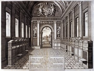 Ansicht des Museums von Michele Mercati (1541-1595), Verwalter der Vatikanischen Botanischen Gärten. Gravur aus „Metallotheca...“ Rom 1717 - 1719 von Italian School