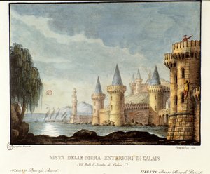 Ansicht der Festungsanlagen von Calais im Jahr 1347 während des Hundertjährigen Krieges, Bühnenbild für die Oper 