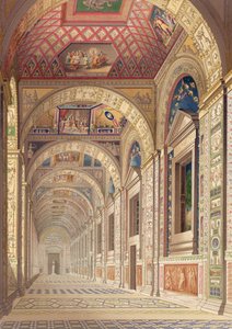 Ansicht der Loggia im zweiten Stockwerk im Vatikan, mit Dekoration von Raphael, aus Delle Loggie di Rafaele nel Vaticano, veröffentlicht als lose Blätter in der Ausgabe von 1814 (handkolorierter Stich) von Italian School