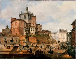 Ansicht des Platzes Vetra und der Apsis der Basilika San Lorenzo Anonymes Gemälde. Ende des 19. Jahrhunderts. Mailand, Mailänder Museum