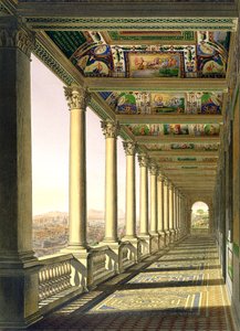 Ansicht der Loggia im dritten Stockwerk im Vatikan, mit Dekoration von Raphael, aus Delle Loggie di Rafaele nel Vaticano, veröffentlicht als lose Blätter in der Ausgabe von 1814 (handkolorierter Stich)