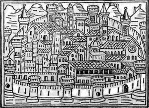 Ummauerte Stadt aus Supplementum Chronicarum von Giacomo Filippo Foresti, 1506