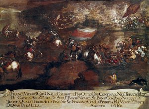 Krieg von Candia (Kreta): „Schlacht von Chania unter der Führung von Francesco Morosini (1619-1694) im August 1660“ Gemälde der venezianischen Schule von Italian School