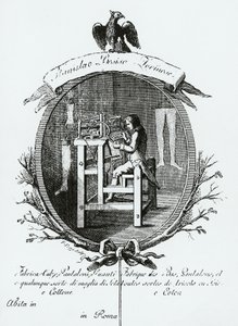 Arbeiter am Webstuhl, Bildwerbung für Stanislaus Bosisio Torinese, Hersteller von Socken, Hosen, Handschuhen und jeder Art von Seiden- und Baumwollstrickwaren, Gravur, Italien