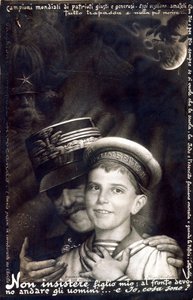 Erster Weltkrieg: Militärische Einmischung in der italienischen Armee: Viktor Emanuel III. hält Prinz Umberto (Druckkarte) von Italian School