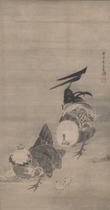 Hähne, Henne und Küken, rechts von einem Paar, 1795 von Ito Jakuchu