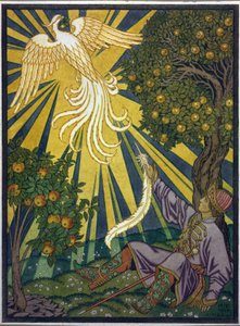 Der Prinz fängt eine Feder des Feuervogels. Illustration zum Märchen "Iwan Zarewitsch, der Feuervogel und der graue Wolf" von Ivan Yakovlevich Bilibin