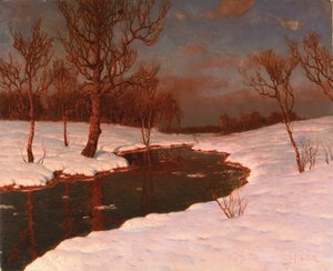 Sonnenuntergang an einem verschneiten Fluss