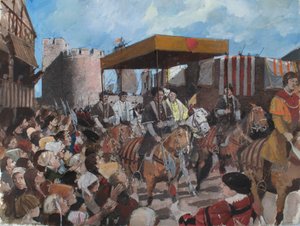 Rekonstruierte Ansicht der Krönungsprozession von König Edward VI., die 1547 den Tower of London verlässt von Ivan Lapper
