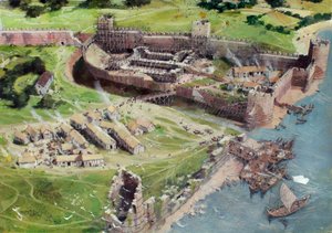 Rekonstruierte Ansicht des Tower of London von Südwesten, wie er in den 1070er oder 1080er Jahren ausgesehen haben könnte, während der Weiße Turm im frühen Bauzustand war von Ivan Lapper