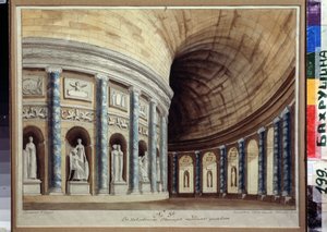 Skizze für den Vorhang des Kaiserlichen Theaters in Pawlowsk (Sankt Petersburg). Ansicht eines Korridors mit Säulen und antiken Statuen. Werk von Ivan Nikolayevich Ivanov (1796-1854)