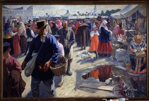 Der Jahrmarkt. Marktszene in einer russischen Provinzstadt, in traditioneller Atmosphäre, mit Bauern und Verkäufern. Gemälde von Iwan Semjonowitsch Kulikow (1875-1941)