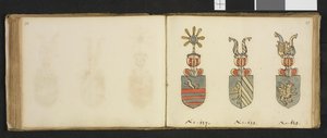 Illustration aus einem Privatarchiv in der Nationalbibliothek mit dem Titel Insignia quædam virorum illustrium in Norvegia quodam habitantium von Iver Nielssøn Hirtzholm