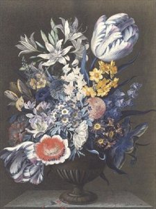 Urne mit Blumen auf einem Marmortisch von J.A. Simson