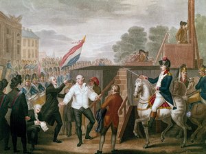 Französische Revolution: König Ludwig XVI. mit seinem Beichtvater Edgeworth am 21.01.1793. Der König steigt auf das Schafott. Illustration von J. F. Cazenave (1770-?) 1793
