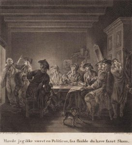 Der politische Kesselflicker. „Hätte ich kein Politiker gewesen, dann hättest du Schande bekommen.“ Gravur nach Lorentzens Holberg Galerie. von J.F. Clemens