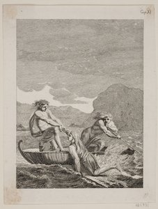 Der gestrandete Niels Klim wird von zwei Qvamiten in einem Weidenboot gerettet von J.F. Clemens