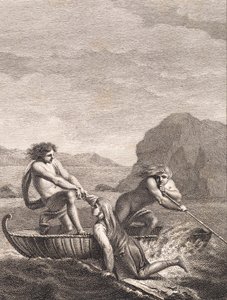 Der schiffbrüchige Niels Klim wird von zwei Qvamiten in einem Weidenboot gerettet von J.F. Clemens
