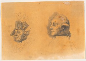 Vorarbeit zu zwei der Köpfe für den Stich: Friedrich der Große reitet nach einer Revue in Potsdam nach Hause von J.F. Clemens