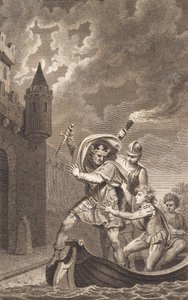 Illustration. Ein König mit erhobenem Dolch und drei Personen in einem Boot von J.F. Clemens