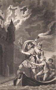 Illustration. Ein König mit erhobenem Dolch und drei Personen in einem Boot