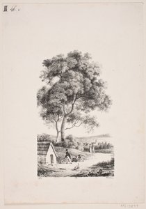Spaziergänger auf einem Weg, links hohe Bäume von J.F. Møller