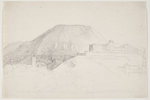 Landschaftsstudie mit Berg und Gebäuden. Spoleto, Italien