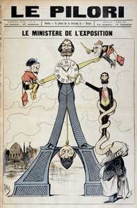 Der Minister der Ausstellung (Karikatur über Finanzskandale Ende des 19. Jahrhunderts und den Eiffelturm). Illustration von J. Blass (Albert Douat genannt). Titelblatt von „Le Pilori“ vom 3. März von J.  Blass