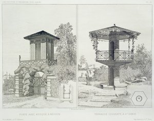 Portal mit Kiosk, Meudon, und überdachte Terrasse, St. Denis, aus einem Band von Entwürfen verschiedener Architekten, veröffentlicht von Morel & Cie, Paris, ca. 1880 von J. Boussard