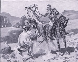 Major Brown, 14. Husaren, hält Leutnant Browns Pferd unter schwerem Beschuss, Illustration aus After Pretoria: The Guerilla War, 1902 von J. H. Thorneley