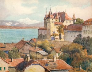 Schloss Nyon, Blick über den See auf den Mont Blanc