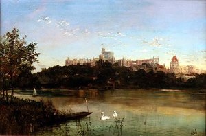 Figuren in einem Kahn und Schwäne auf der Themse mit Windsor Castle im Hintergrund von J. Lewis