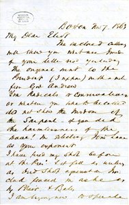 Brief unterzeichnet von J.M.F. [J.M. Forbes], Boston, an Eliot [William G. Eliot], 7. November 1863