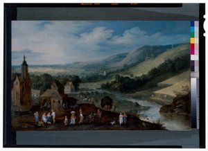 Weitläufige Flusslandschaft mit Bauern, die die Ernte einbringen